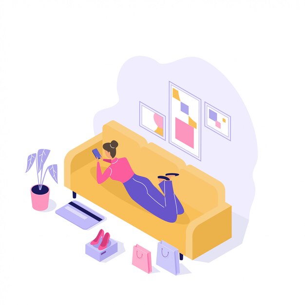 young woman buying things online 3d isometric illustration on white 