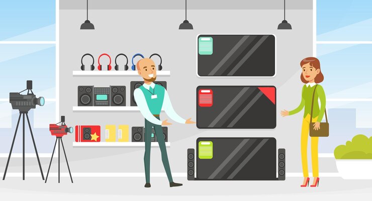 Vector young woman buying tv at shopping mall male shop assistant helping her modern electronics store or shop interior vector illustration