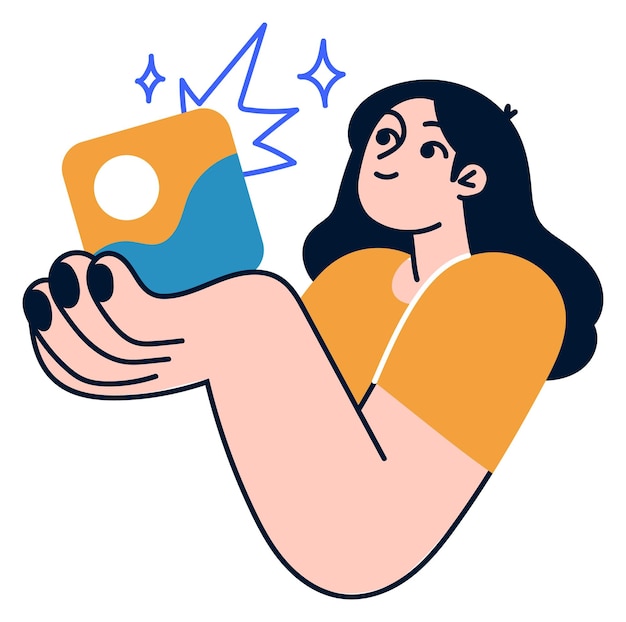 Young woman capturing selfie with sparkling camera illustration