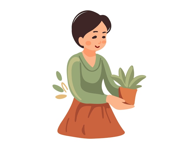 Young woman caring for houseplant gardener vector illustration