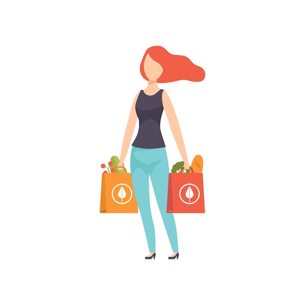 Young woman carrying paper bags with healthy food girl doing shopping at the grocery shop vector