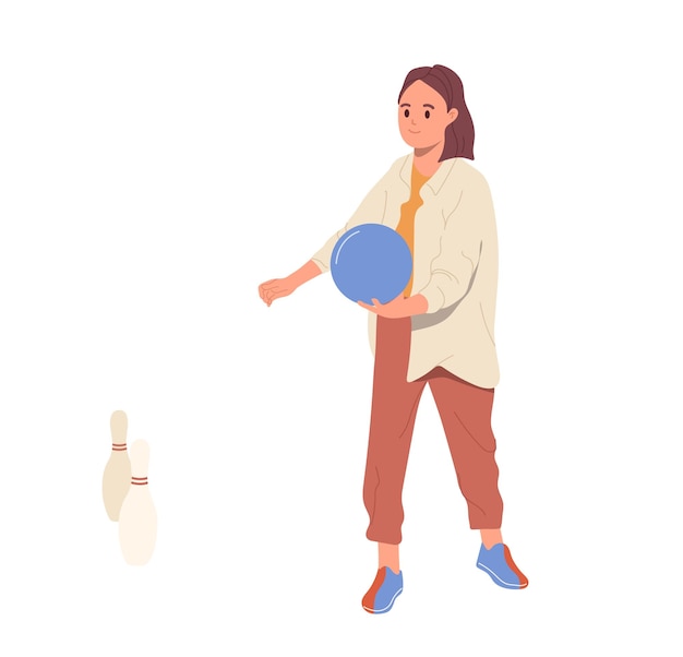 Молодая женщина, персонаж мультфильма, держащая мяч для боулинга в руке, готовясь ударить по скиттлсу. Векторная иллюстрация, изолированная на белом фоне. Счастливая подростка, боулингистка, наслаждающаяся временем отдыха в игровом клубе.