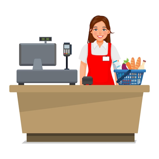 Vector young woman cashier counter working at supermarket store