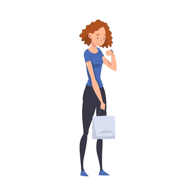 Young Woman in Casual Clothes Standing with Bag Girl Spending Time in Expectation Cartoon Vector Illustration