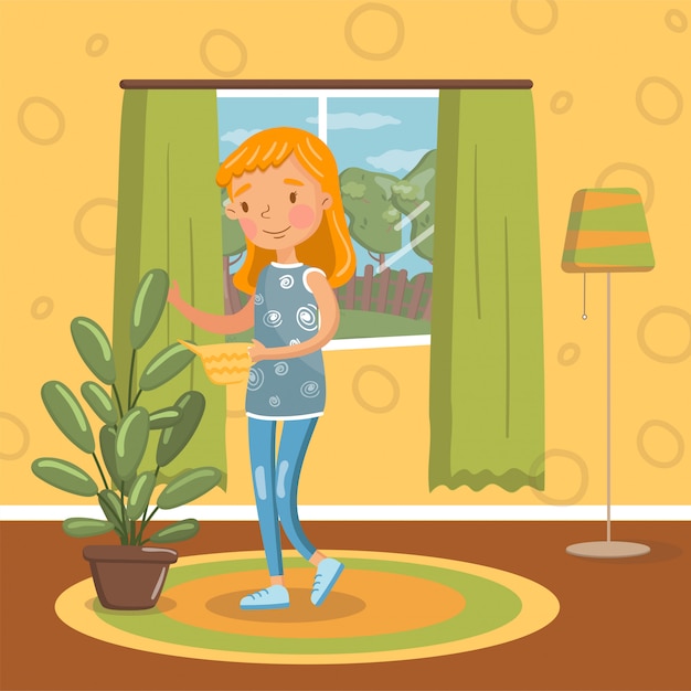 Vector young woman in casual clothing watering her potted plant with watering can in living room, vintage cozy home interior   illustration