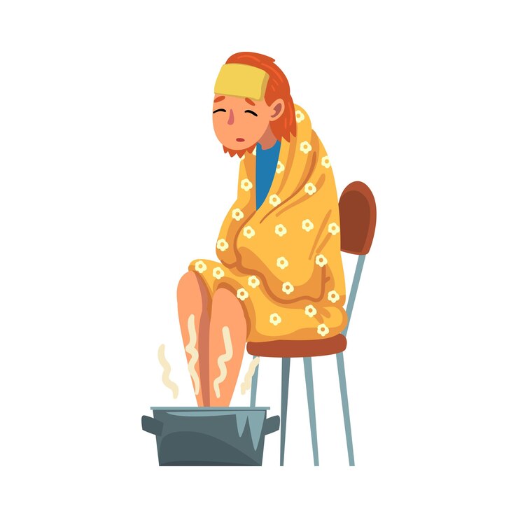 Vector young woman catch cold sick girl with flu sitting under cozy plaid heating her feet in basin with hot water cartoon vector illustration