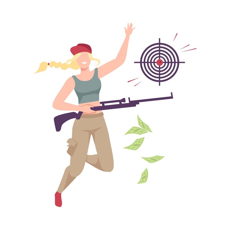 Vector young woman celebrating her win playing shooting game girl won money prize flat vector illustration