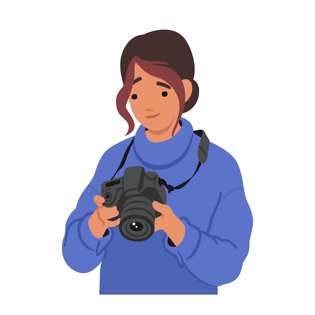 Вектор Персонаж молодой женщины с фотокамерой, снимающей моменты, исследующей окрестности и создающей воспоминания