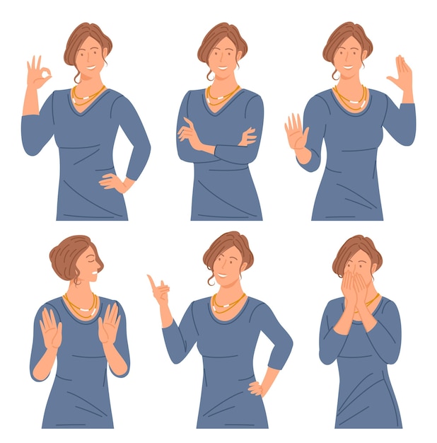 Vector young woman character poses emotions and gesture set