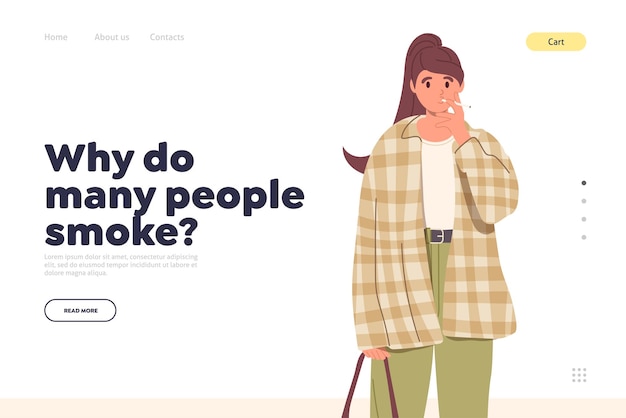 Young woman character smoking cigarette or taking vaping as less harmful alternative landing page
