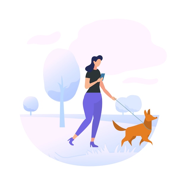 Vector young woman character walking with dog in park