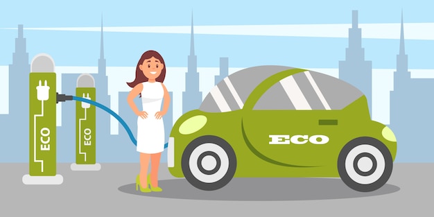 young woman charging electric car at charging station, eco friendly alternative transportation vehicle  illustration in