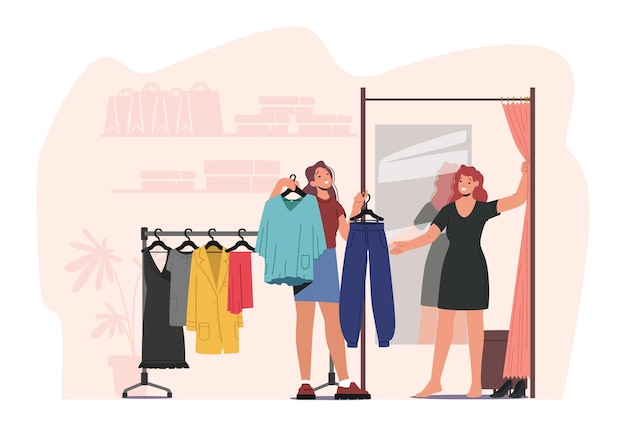 young woman choose fashioned dress in store sales woman assistant offer garment of new collection standing near hanger