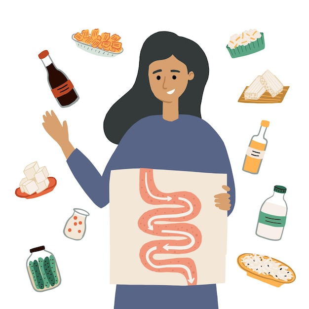 Vector young woman choosing between different sources of probiotics. concept with choice between fermented foods and probiotic supplements, peels. hand drawn vector illustration for article, banner, web