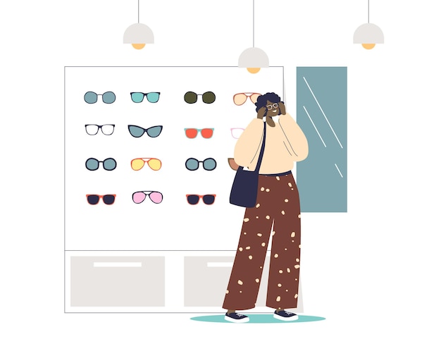 Vector young woman choosing sun glasses in modern optics store illustration