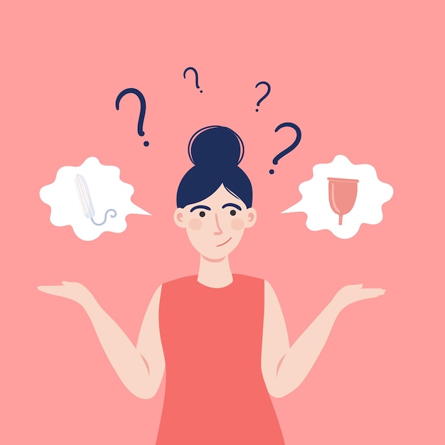 Young woman choosing between tampon and menstrual cup Personal feminine hygiene items