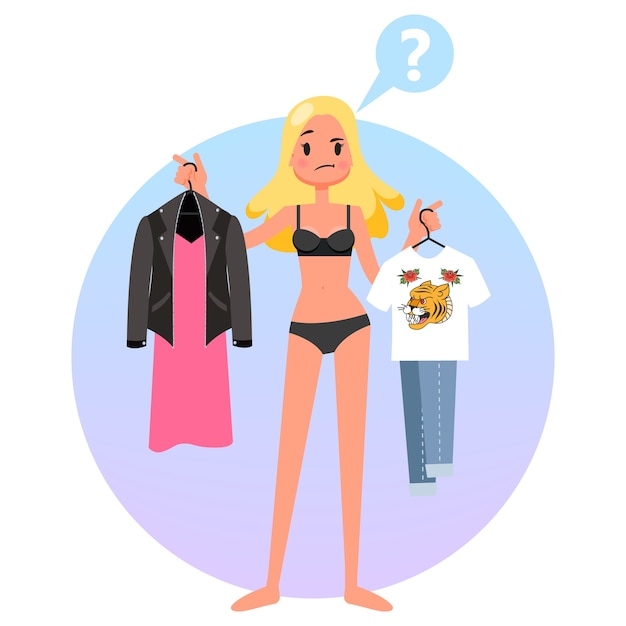 Young woman choosing between the two clothes