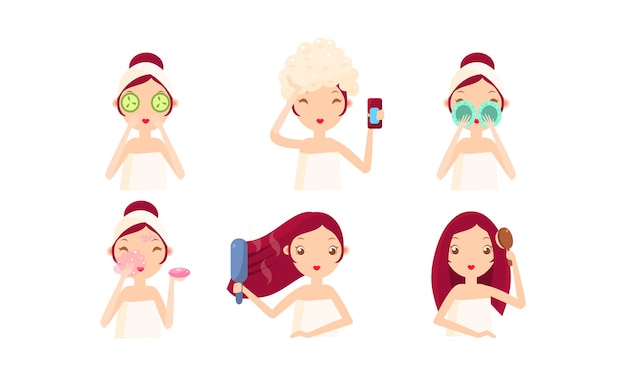 Young woman cleaning and caring her face and hair set facial cleaning procedures treatment hygiene beauty vector Illustration isolated on a white background