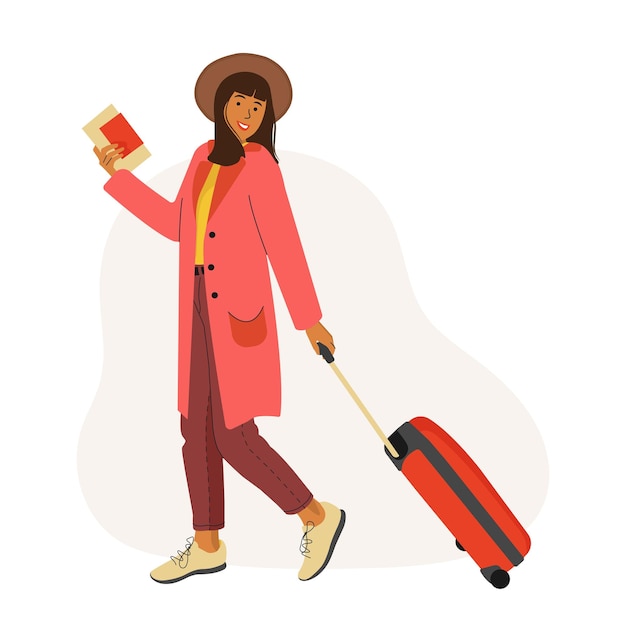 Young Woman in coat and hat with a Suitcase goes on vacation.