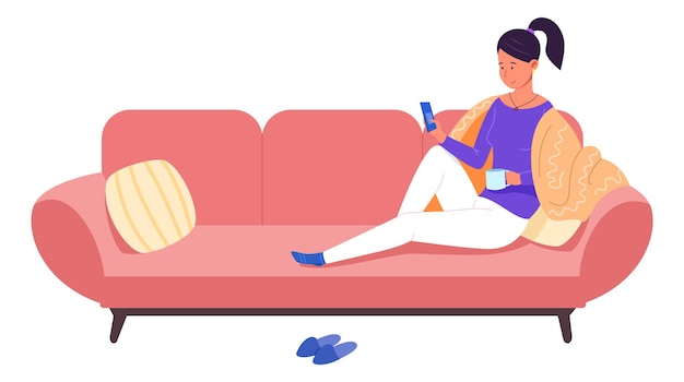Vector young woman comfortably sitting on sofa with smartphone