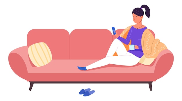 Young woman comfortably sitting on sofa with smartphone