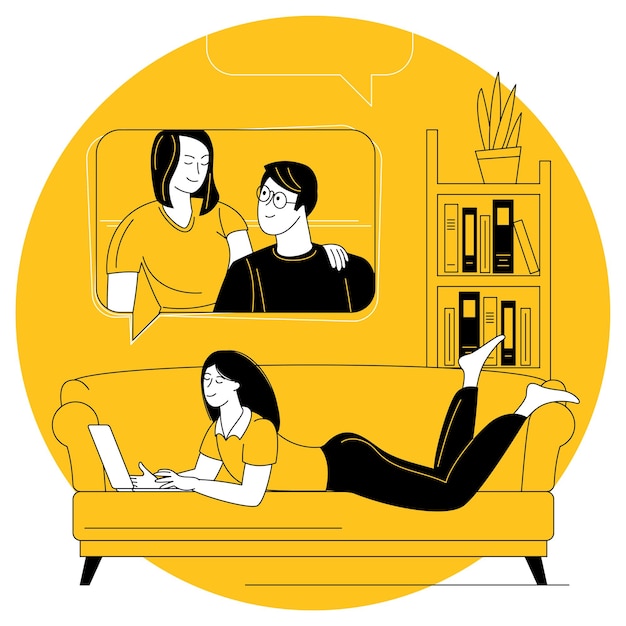 Young woman communicates with her friends and family via video call couch at cosy home. videoconferencing and online meeting vector concept.