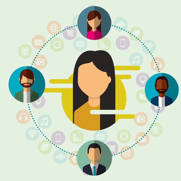 young woman connected people contacts around social media