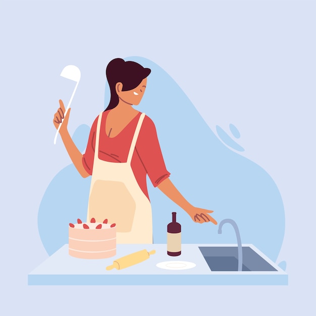 Vector young woman cook preparing a cake illustration design