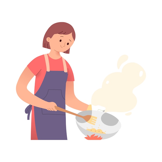 young woman cooking on a fire with a frying pan