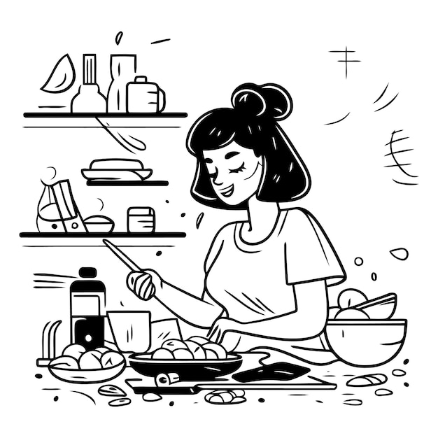 Vector young woman cooking in the kitchen in cartoon style