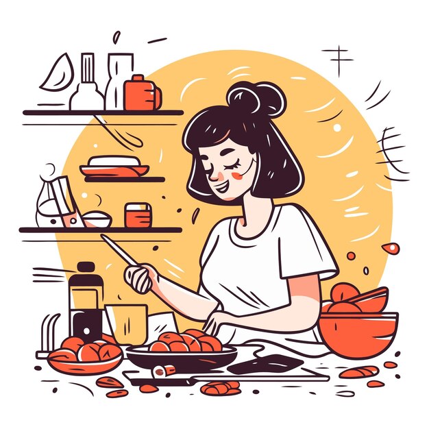 Vector young woman cooking in the kitchen in cartoon style