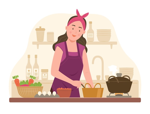young woman cooking in kitchen for culinary concept illustration