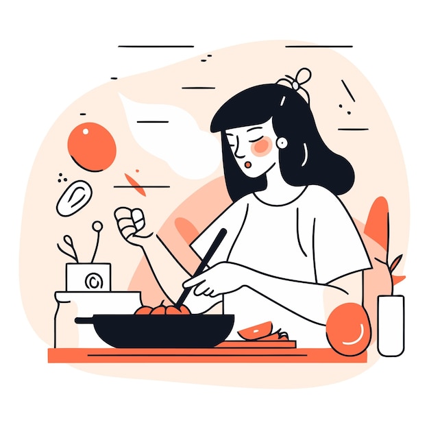 Vector young woman cooking in the kitchen in flat style