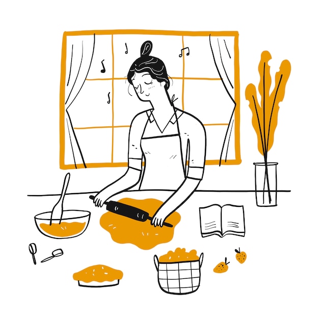 Vector young woman cooking in the kitchen.