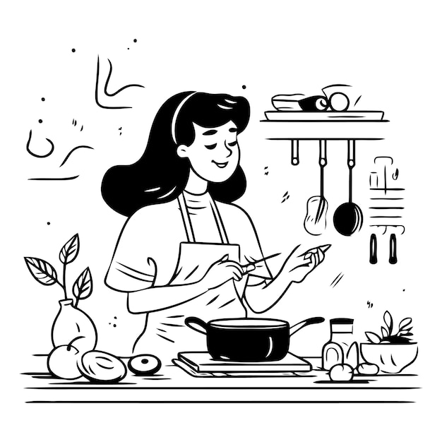 Young woman cooking soup in kitchen in cartoon style