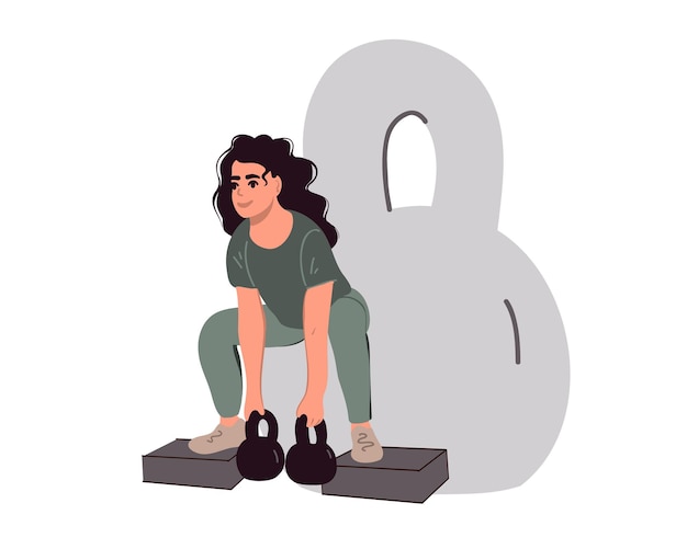 Young woman crouches with kettlebells, fitness.