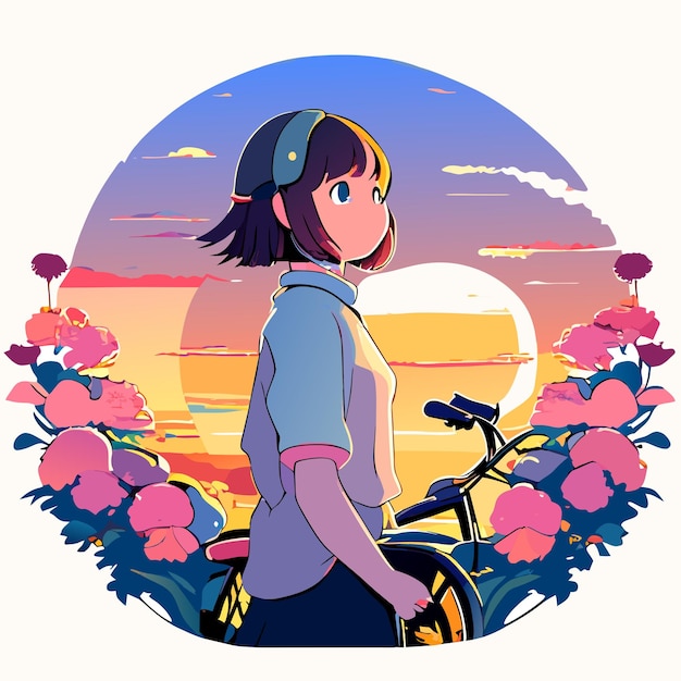 Вектор Молодая женщина из мультфильма едет на велосипеде с цветами