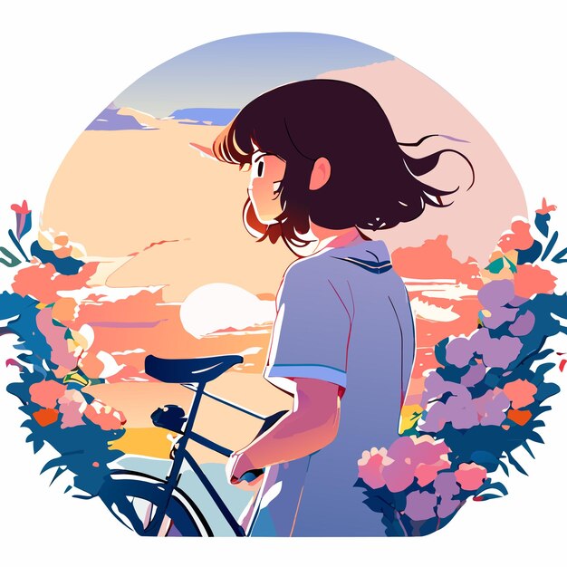 ベクトル 花と自転車に乗る若い女性のかわいい漫画