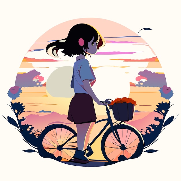 Vettore fumetto sveglio della giovane donna che guida una bicicletta con i fiori
