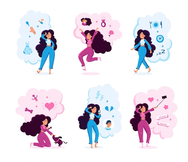 Young Woman Daily Routine Characters Set