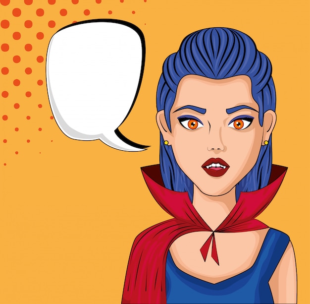 young woman disguised of vampire with speech bubble style pop art