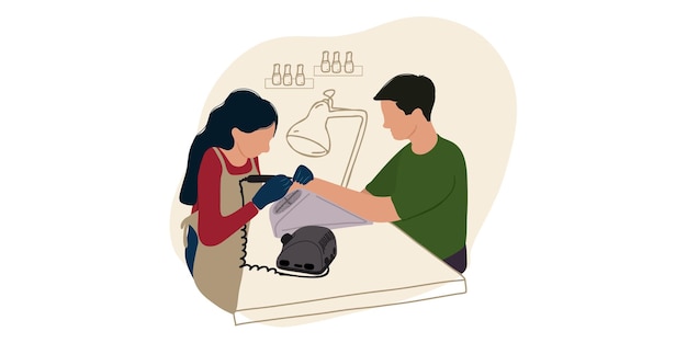 young woman doing manicure to man. beauty salon or training courses or master class.