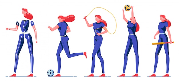 Vector young woman doing sport and different activities.