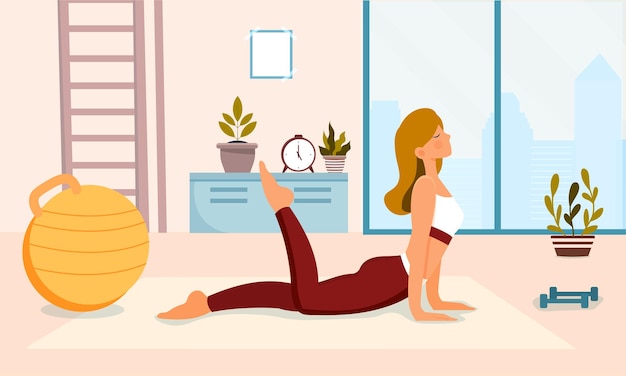 Vector young woman doing sports workout in morning concept female character does gymnastics yoga or