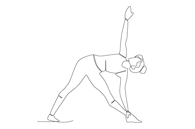 Vector a young woman doing triangle pose utthita trikonasana yoga pose line art