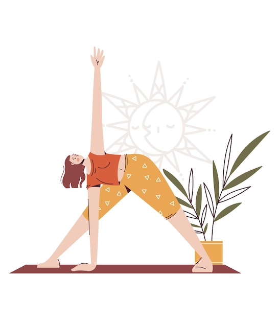 Vector young woman doing yoga exercises and stretching