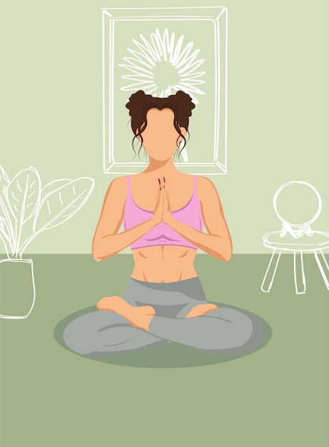 Vector young woman doing yoga in faceless style on the green background