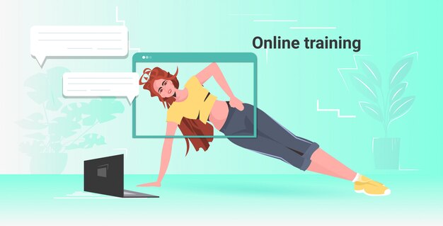 ノートパソコンの水平コピースペースイラストのチュートリアルを見てヨガフィットネス演習オンライントレーニング健康的なライフスタイルコンセプトガールの若い女性