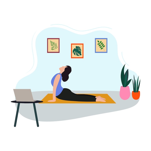 Young woman doing yoga at home watching online yoga lesson isolated flat vector illustration