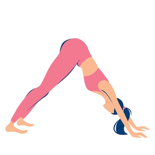 Vector young woman in downward facing dog pose. illustrations for yoga, fitness, beauty, spa, wellness, natural products, cosmetics, body care, isolated on white background. flat illustration.